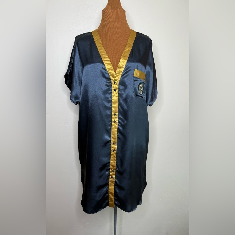 Vintage Val Mode Silky Extra Long Nightshirt Button Front Black Gold Size Med